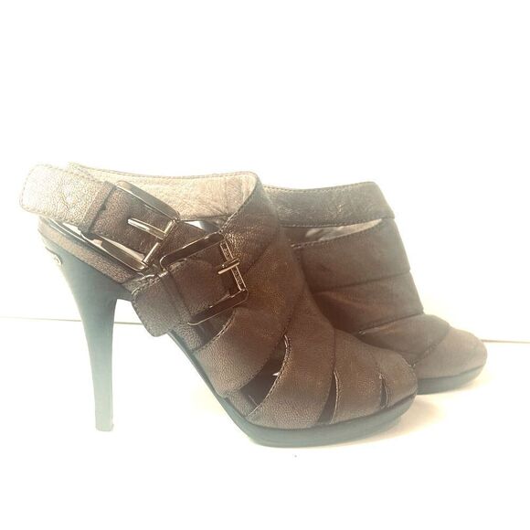 Michael Kors Womens Sz 6M Bronze Leather Peep Toe Wrap Stiletto Heels Sling Back - Picture 1 of 10
